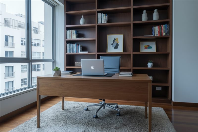 Home office con alfombra con uso normal antes del lavado